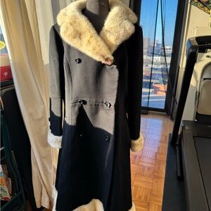 Vintage Black Trench Coat with Cream Fur Accents